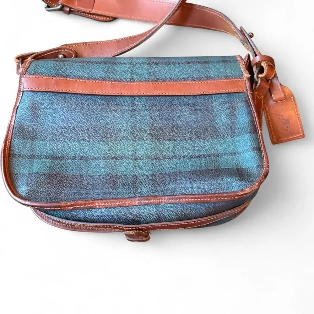 Vintage Polo Ralph Lauren Black Watch Plaid Leather Crossbody Saddle Bag